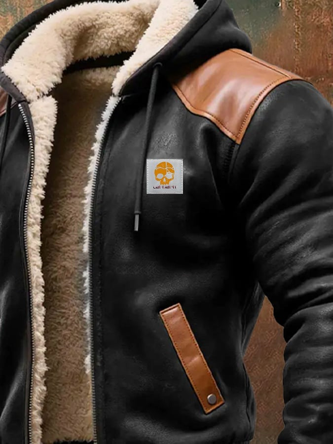 Veste Daim et Cuir Capuche Style Rétro Coupe Chaude