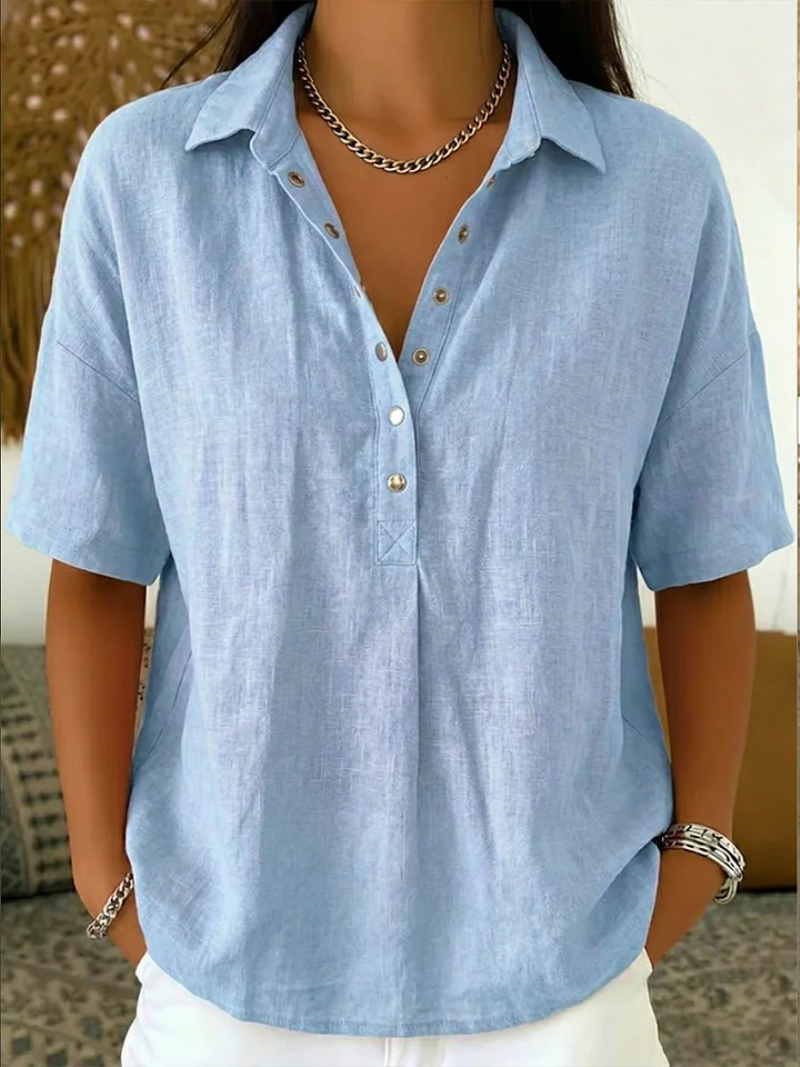 Blouse Femme Col Boutonné Manches Courtes Coupe Décontractée