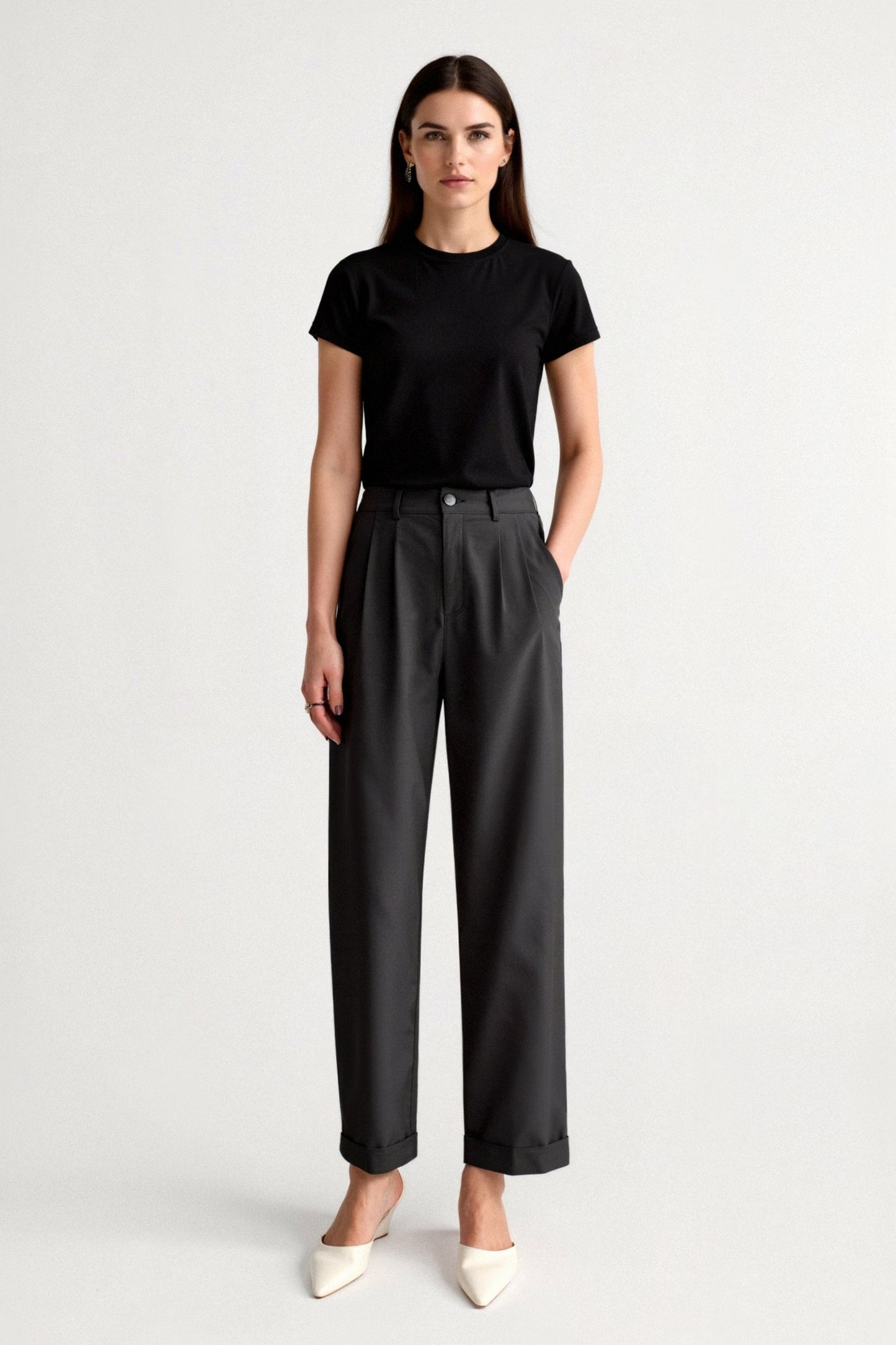 Pantalon Femme Classique Plissé avec Ourlet Reversible