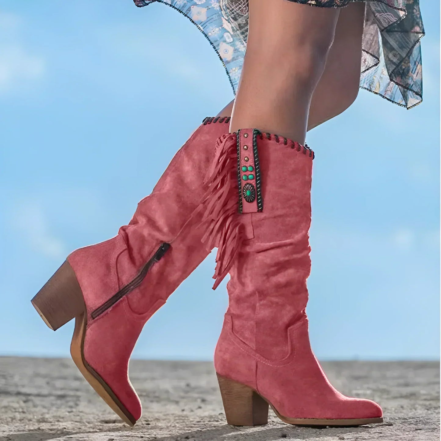 Bottes Western Femmes en Cuir Véritable avec Franges et Talon Épais