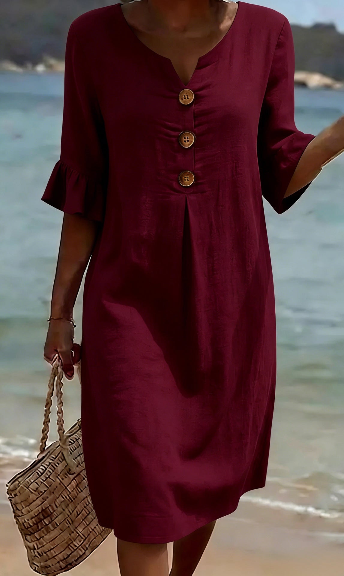 Robe Femme Coton Lin Boutonnée Manches Volantées Estivale