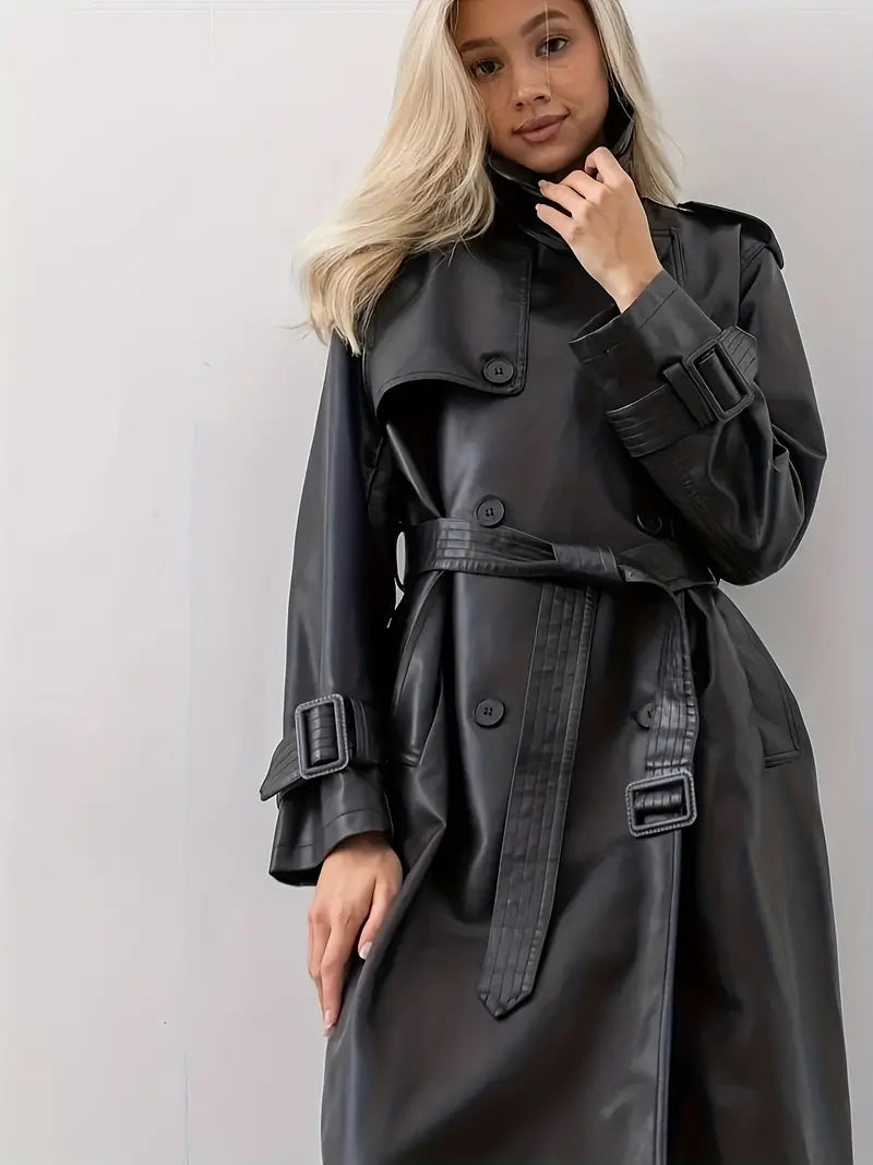 Trench-coat Femme Effet Cuir Ceinturé Coupe Élégante Longue