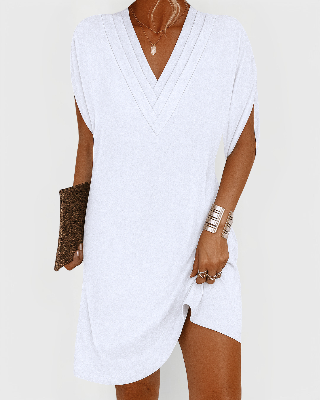 Robe Femme Fluide Col en V Manches Courtes Coupe Droite