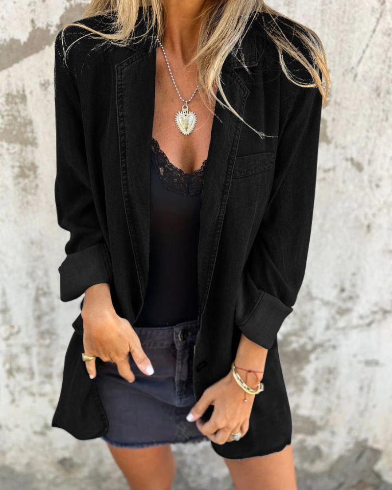 Blazer Jean Décontracté avec Poches Côte à Côte