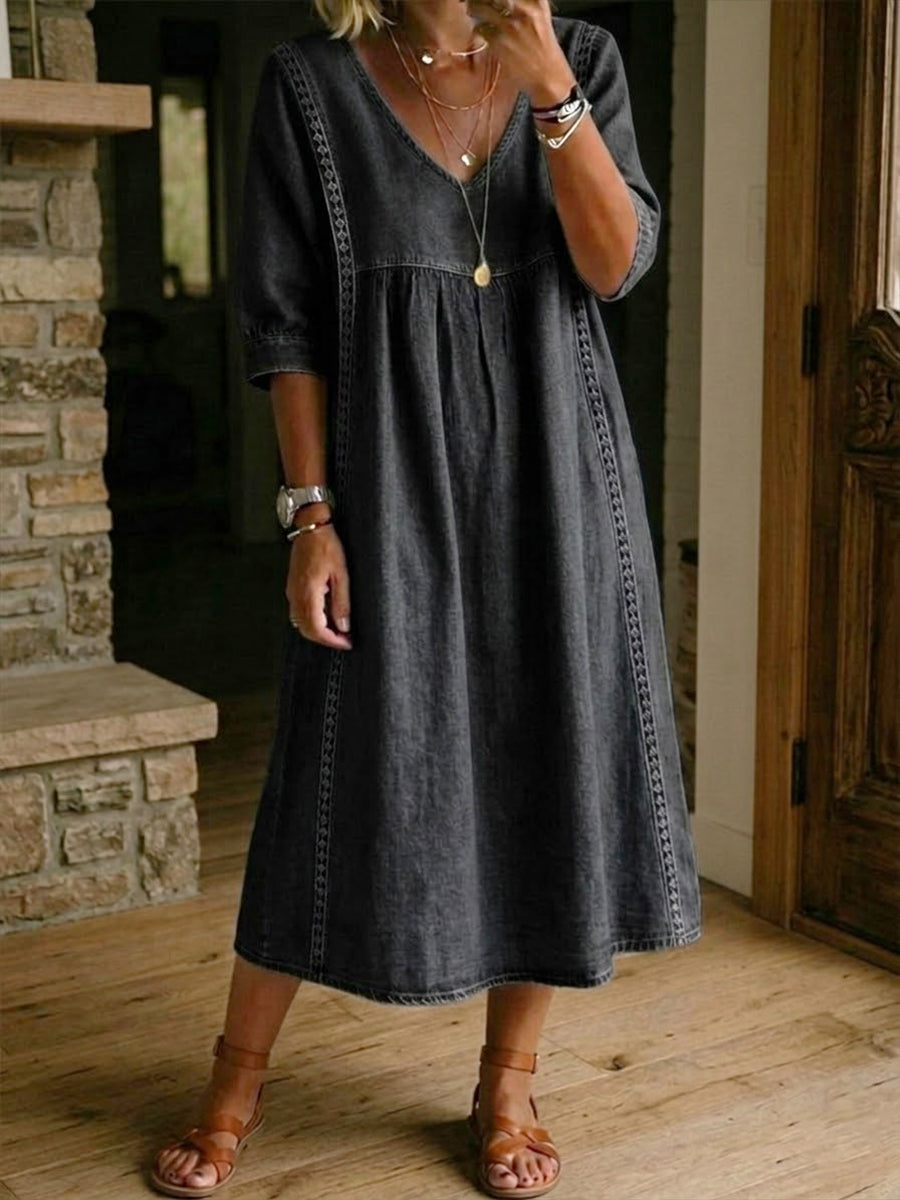 Robe Femme Denim Fluide Col en V Détails Dentelle Style Décontracté