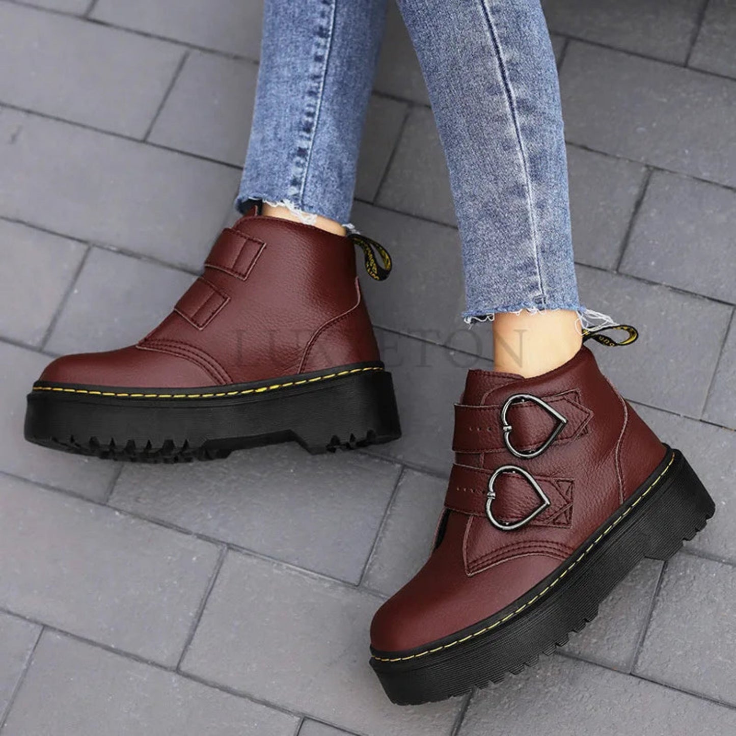 Bottines Femmes Élégantes à Boucles en Cuir