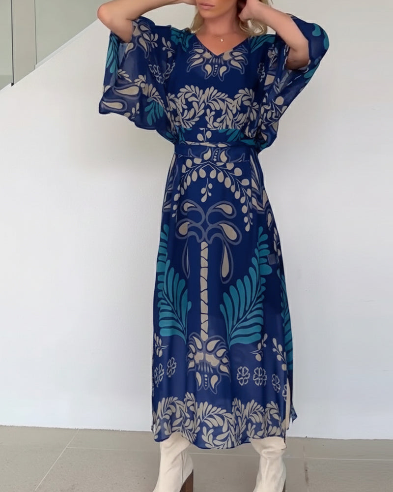 Robe Maxi Femme Imprimé Feuilles Col V Style Bohème