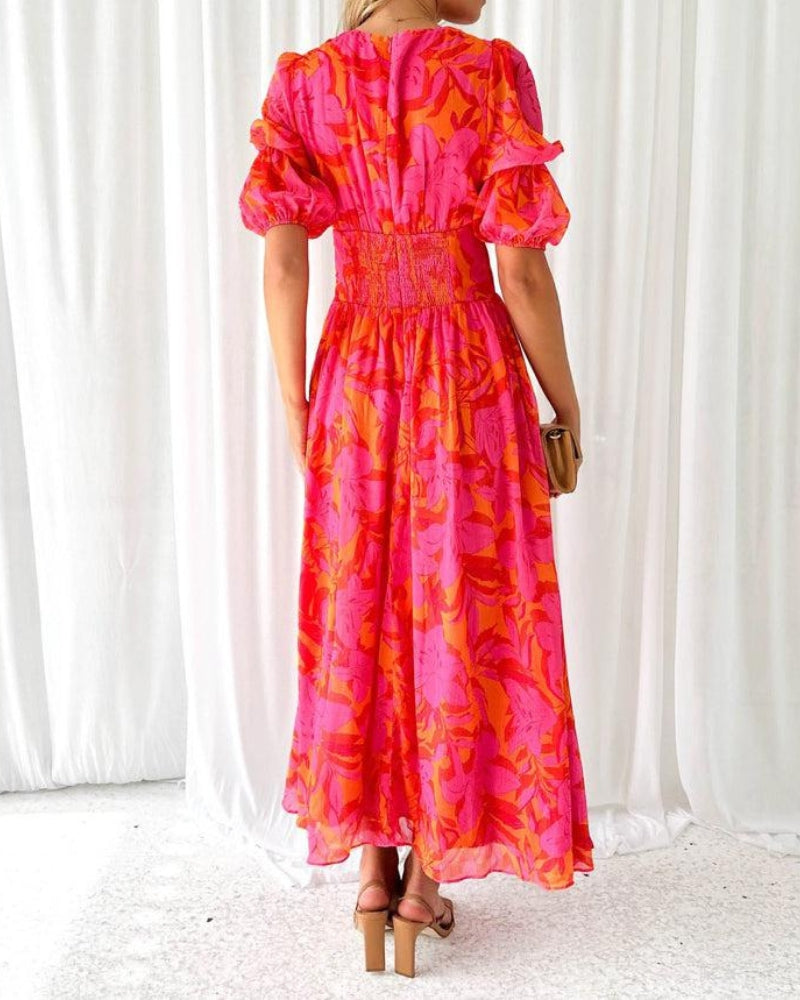 Robe Longue Femme Fluide Col en V Imprimée Manches Courtes