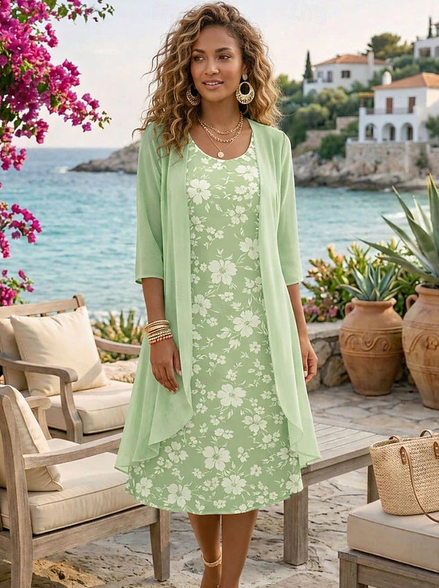 Ensemble Femme Robe Fleurie et Cardigan Léger Assorti