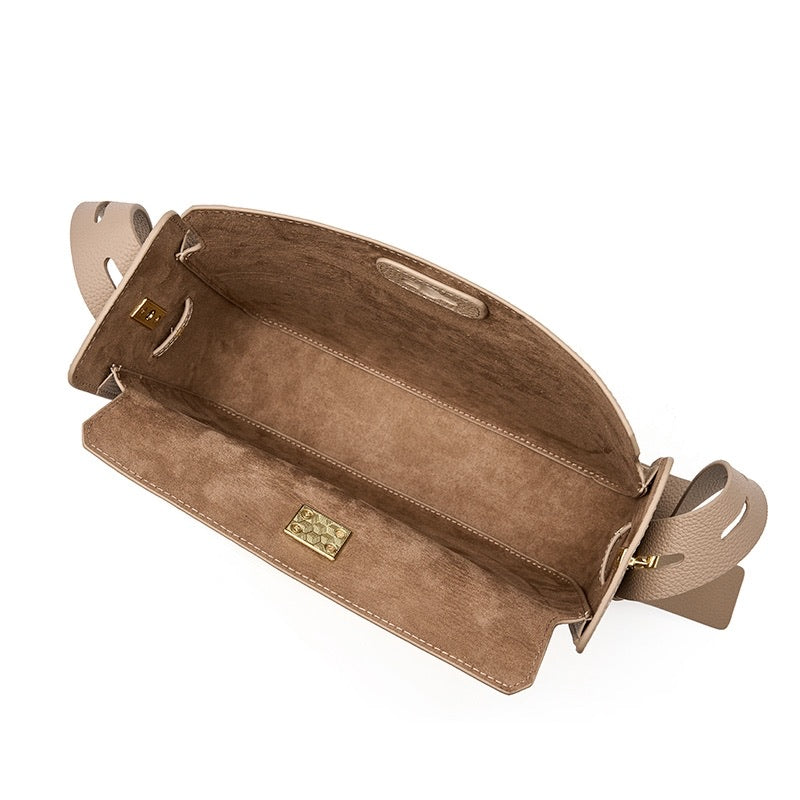 Sac à Main en Cuir Véritable avec Fermeture à Tour, Poignée Supérieure et Détails Dorés