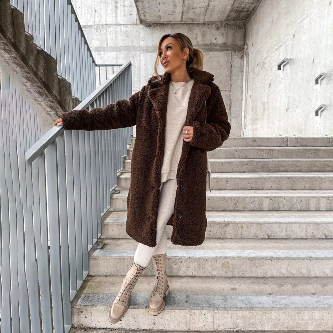 Manteau Long Femme Tissu Teddy Coupe Droite