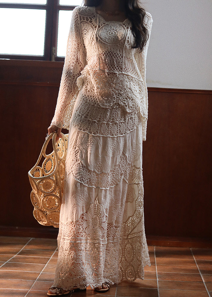 Robe deux pièces en dentelle beige élégante - EasyApparels