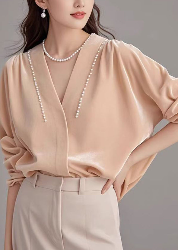 Velvet Blouse Pink V Neck Soft Spring Top - EasyApparels