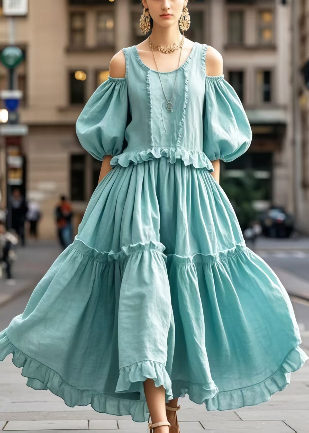 Robe décontractée en coton bleu ciel avec manches bouffantes - EasyApparels