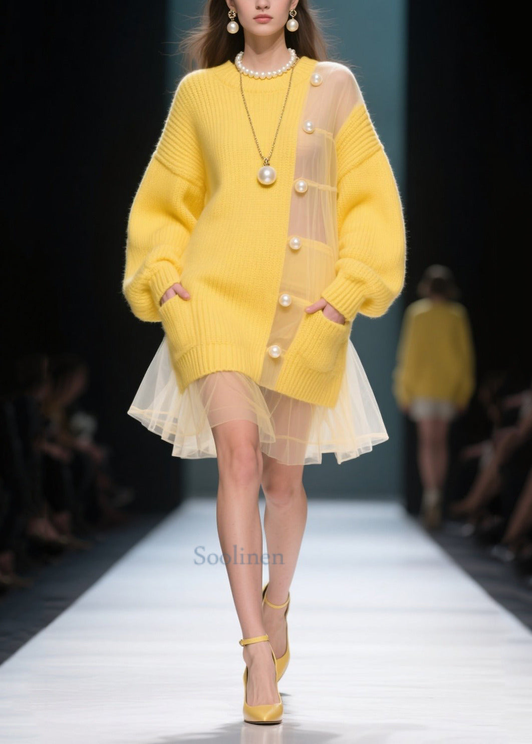 Robe mi-longue en tulle jaune paillette hiver chic - EasyApparels