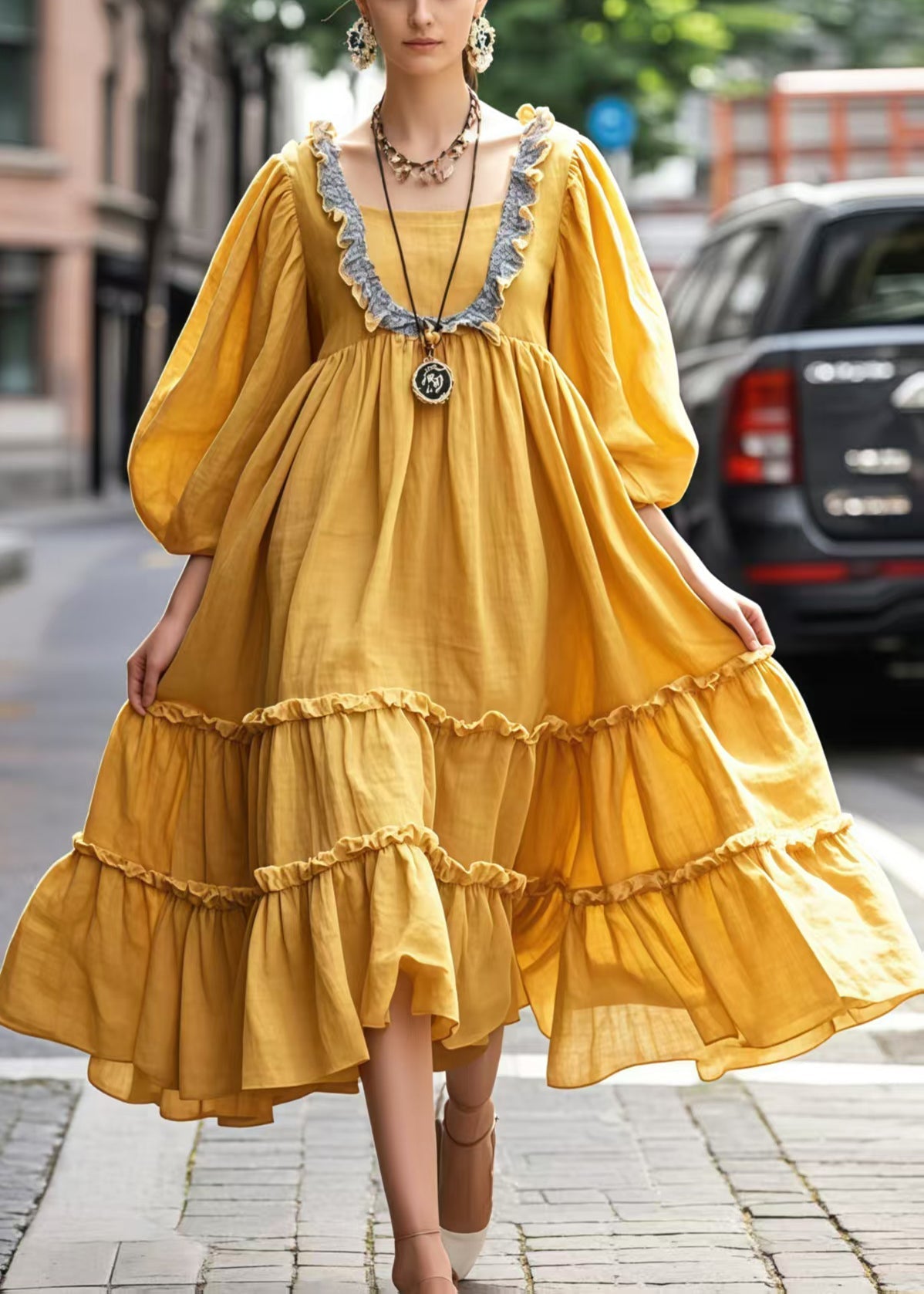 Robe jaune longue avec volants et manches courtes - EasyApparels
