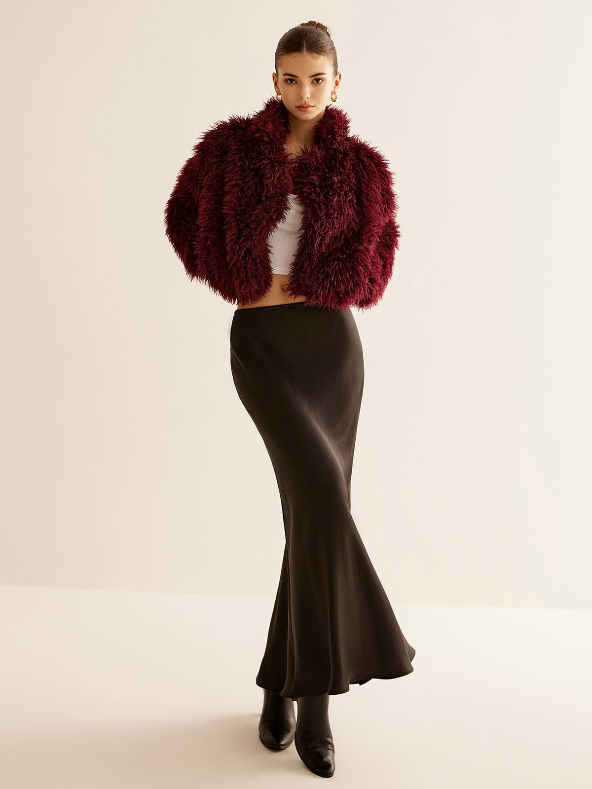 Manteau en Fausse Fourrure Rouge Bourgogne Courte Taille