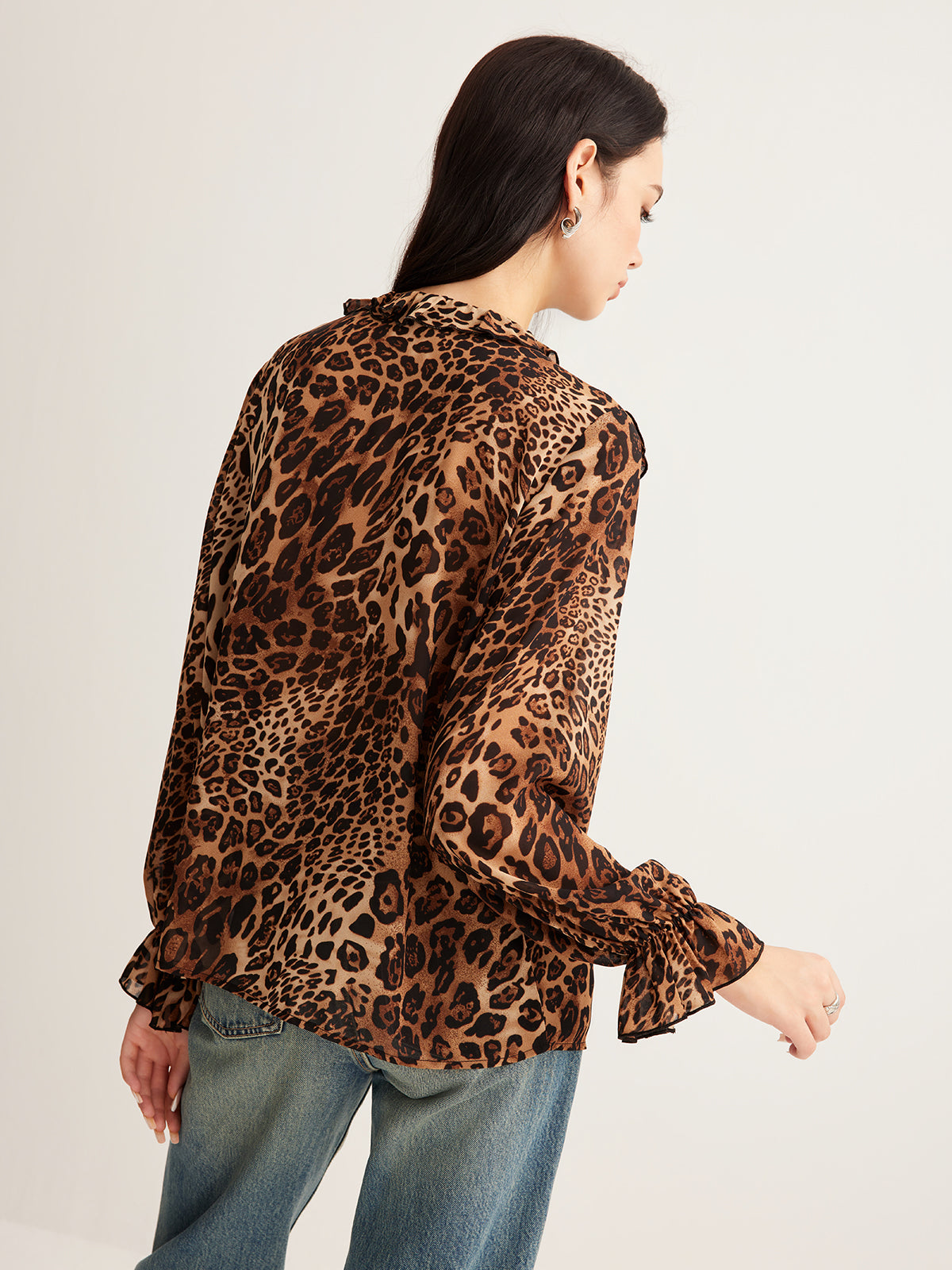 Blouse Femme Été Leopard Imprimé avec Col Froncé
