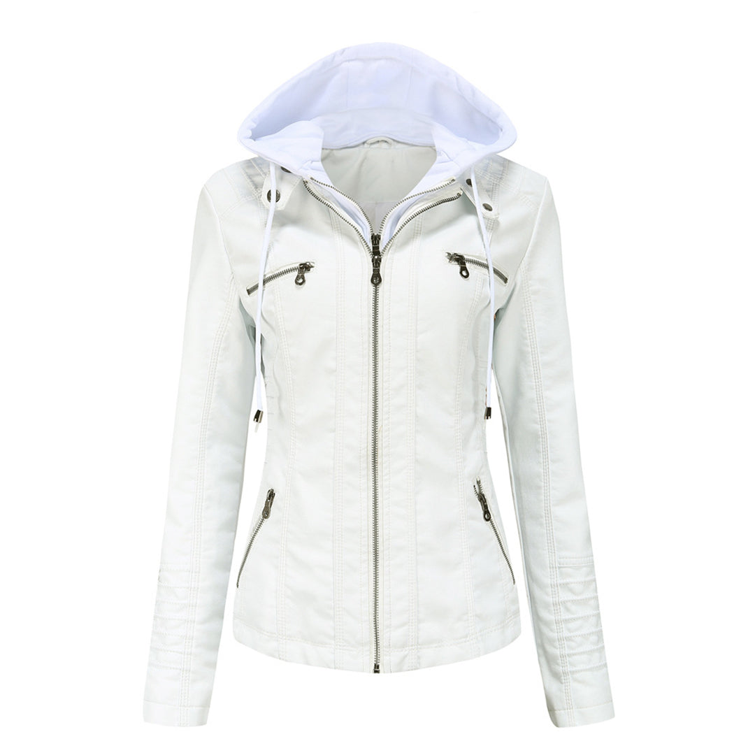 Blouson Motard Femme Cuir Synthétique avec Capuche
