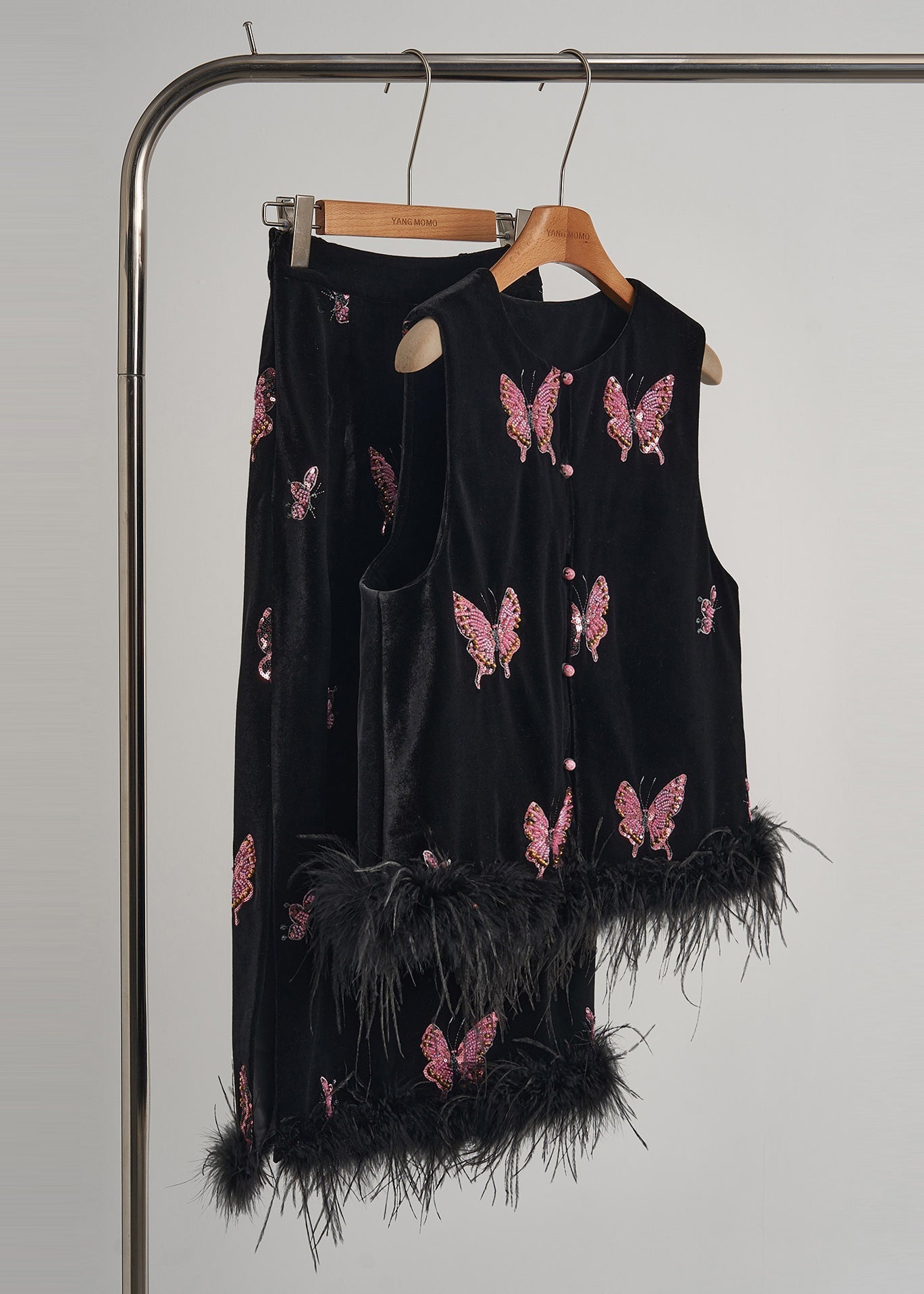 Luxe deux pièces en velours et plumes noir automne femme - EasyApparels