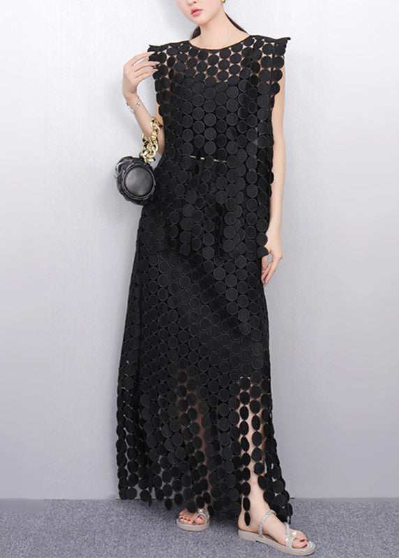Joli deux pièces dentelle noir sans manches robe longue - EasyApparels