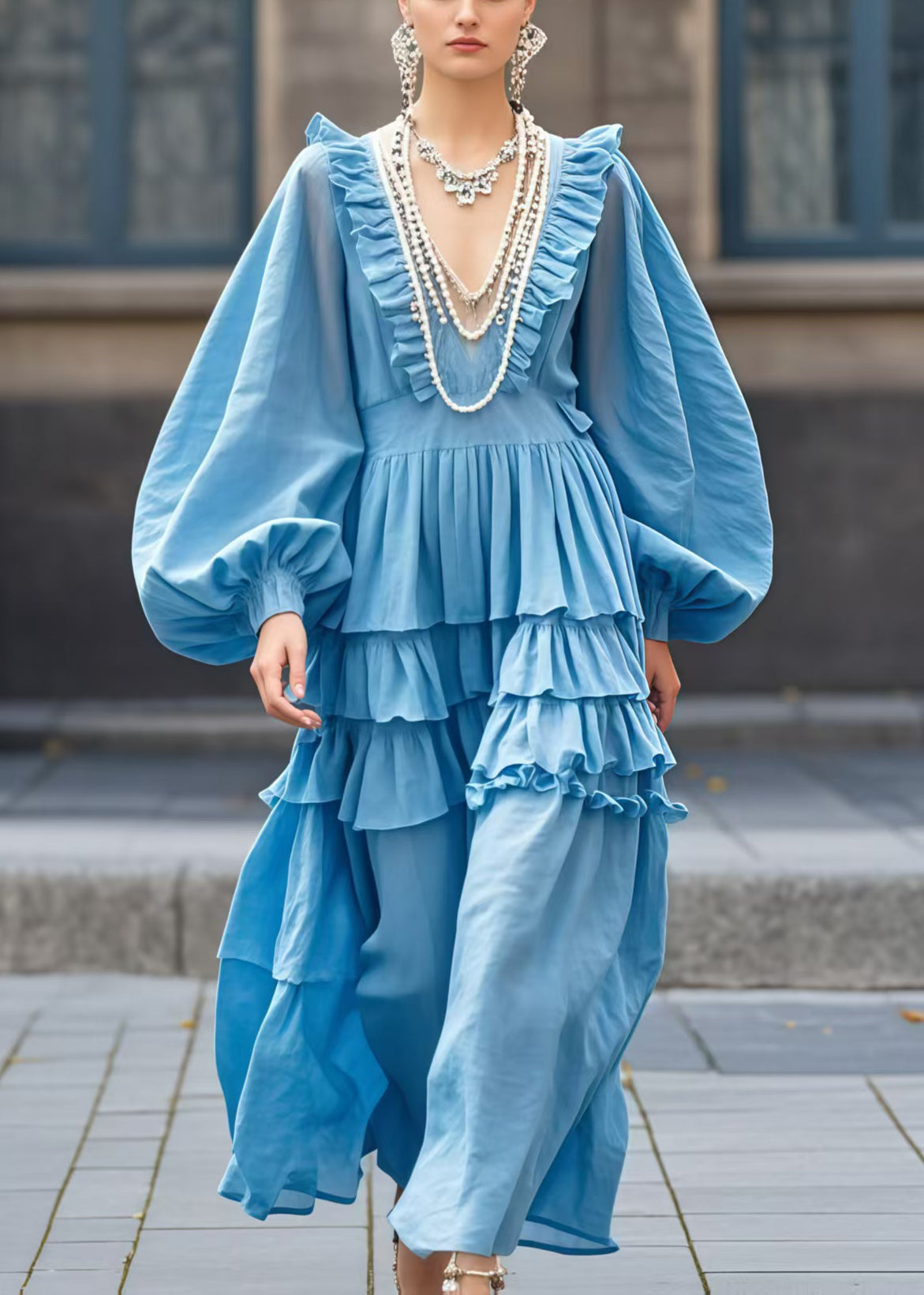 Robe marine élégante à col V et volants longs - EasyApparels