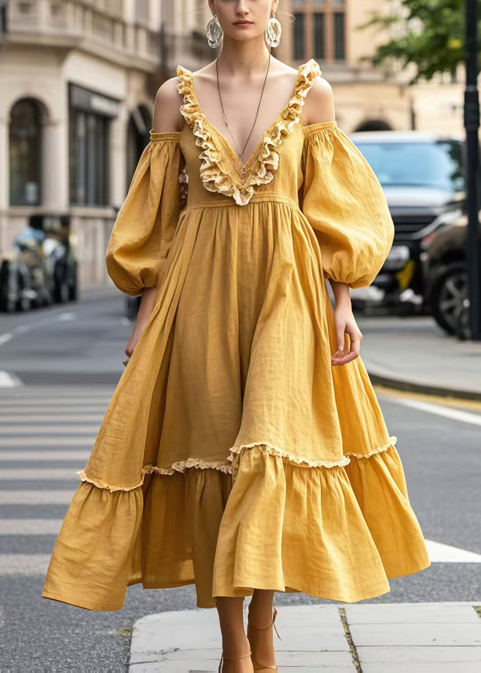 Jolies robes de soirée jaunes décolletées à manches amples - EasyApparels