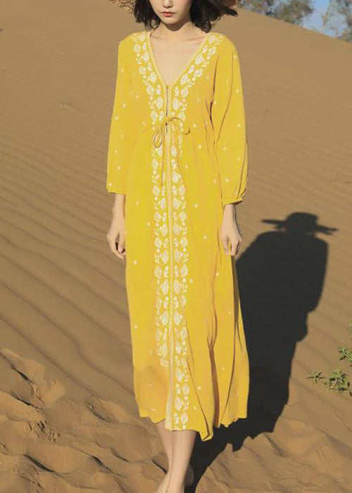 Robe de nuit en coton jaune doux à lacets - EasyApparels