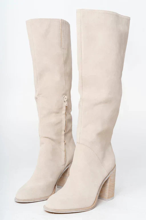 Bottes Femme Élégantes Beige en Cuir Stretch Confortables - PanierRoyale