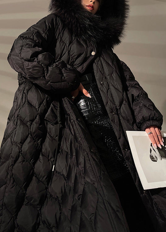 Parka en duvet de canard noir avec poches et capuchon fourré - EasyApparels