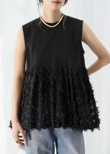 Vestes trapèze noir en coton à franges sans manches - EasyApparels