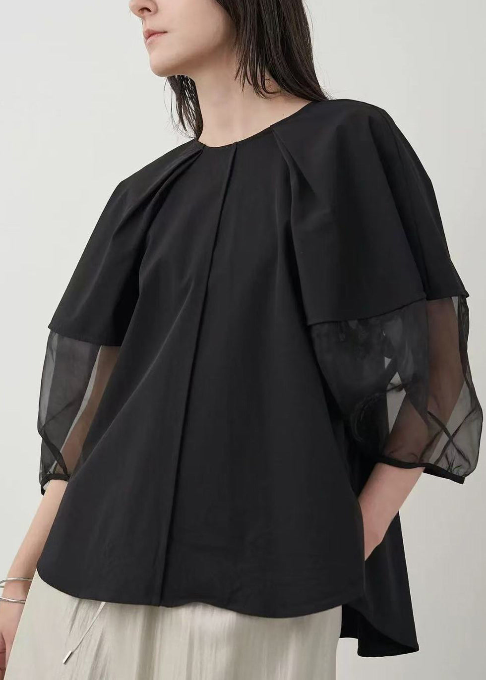 Black Ruffled Oversized Organza Patchwork Top - EasyApparels