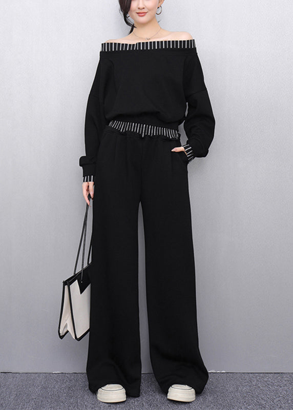 Ensemble deux pièces noir col V et pantalon confort pour automne - EasyApparels