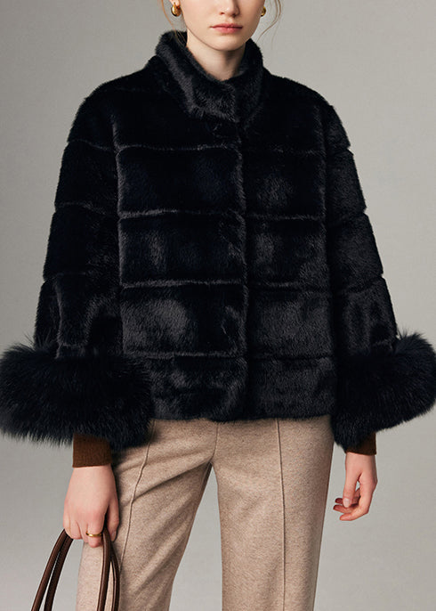 Luxueux manteau hiver velours fourrure renard noir - EasyApparels
