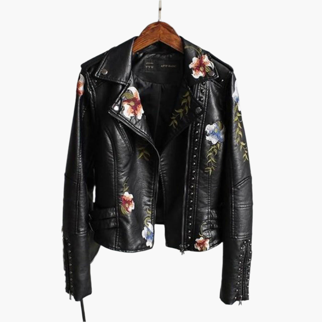 Blouson Motard Féminin Brodé Floral Court pour Femme