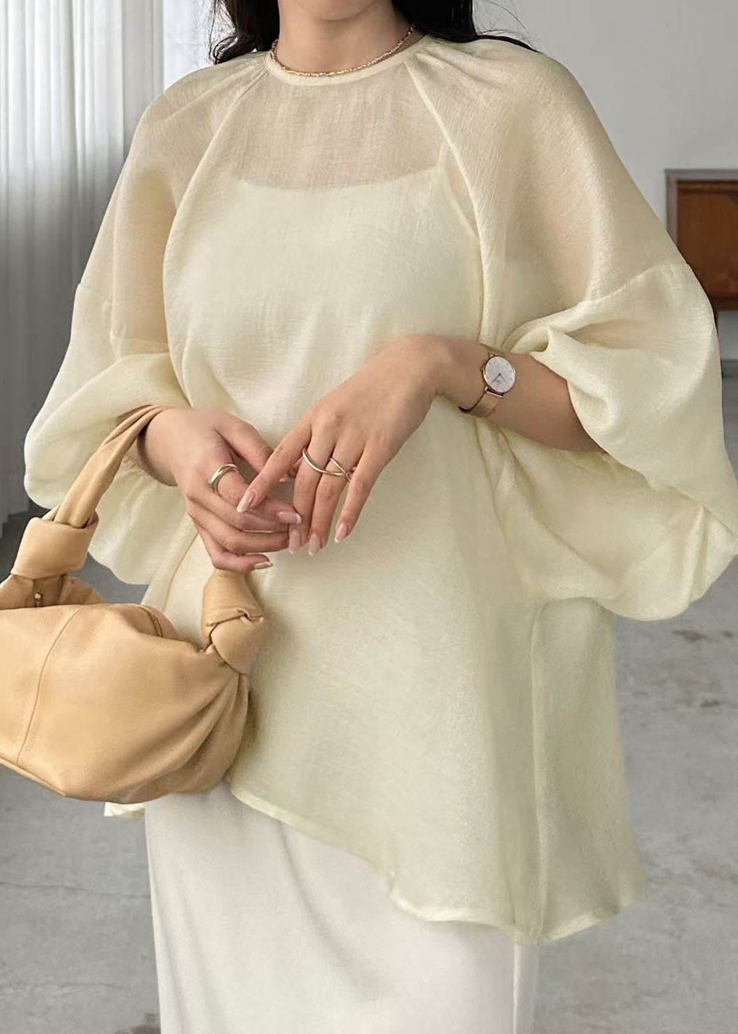 Chic Boho Beige Maxi Transparent Bell Sleeve Top - EasyApparels