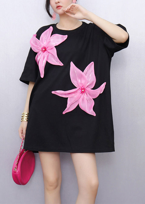 Grandes chemises décontractées noir à fleurs pour femme été - EasyApparels
