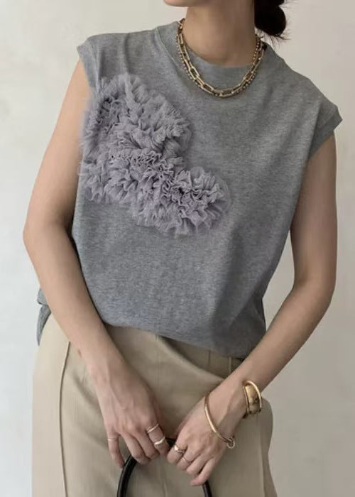 Chic Grey Cotton Floral Sleeveless Top - EasyApparels