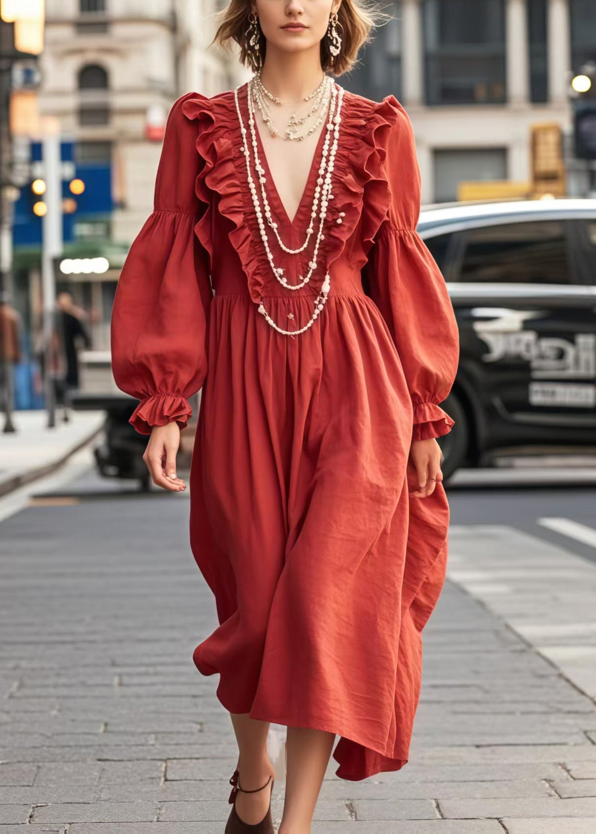Robe bohème rouge volantée en coton pour femme - EasyApparels
