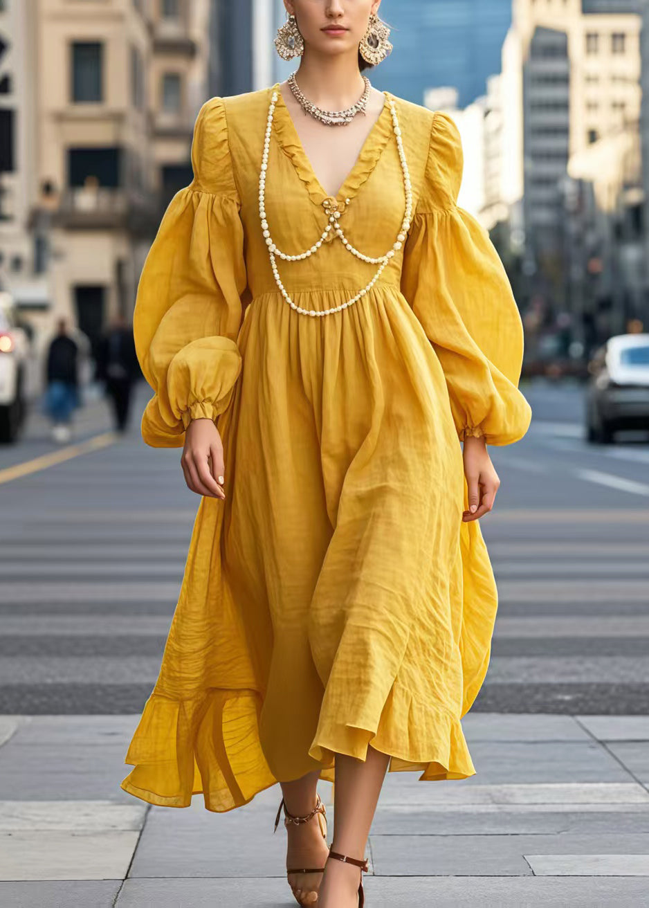 Robe décontractée jaune en coton à col V et perles - EasyApparels