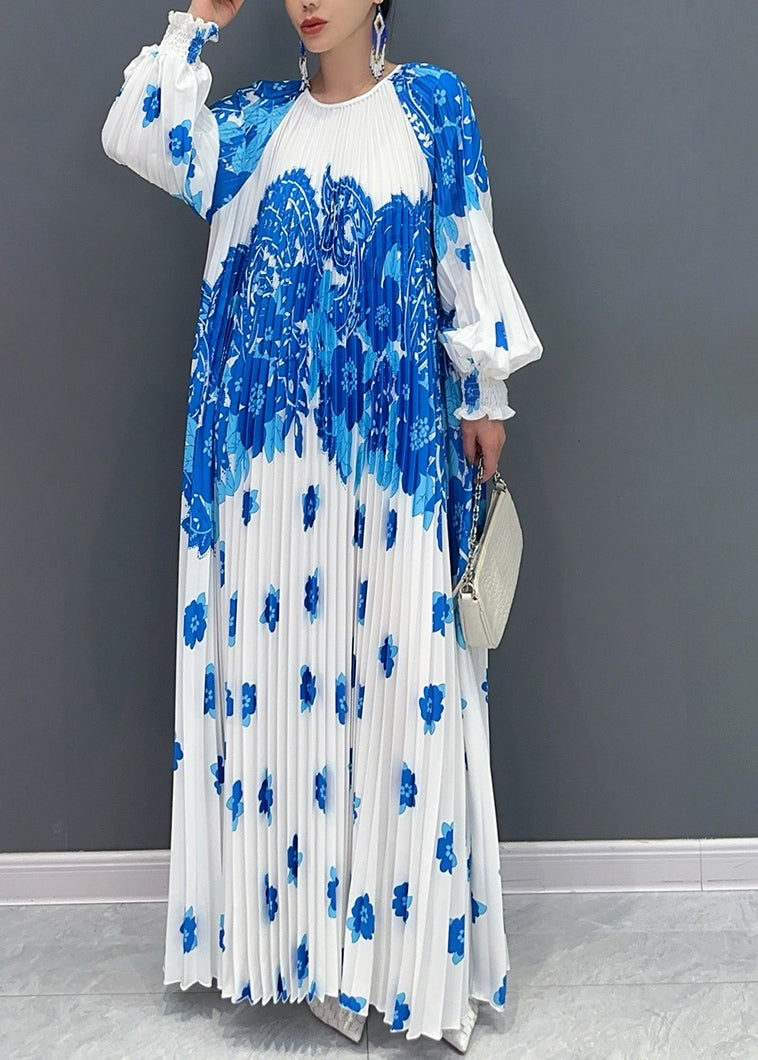 Gros robe plissée bleu imprimé hiver pour femme - EasyApparels