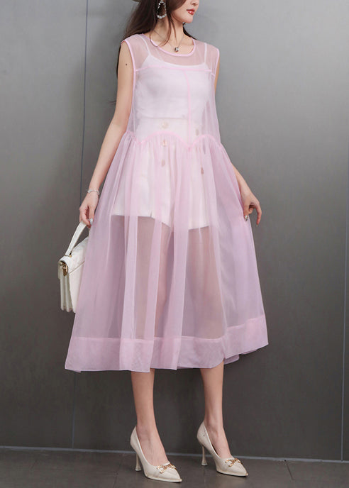 Robe de soirée rose en tulle légère sans manches - EasyApparels
