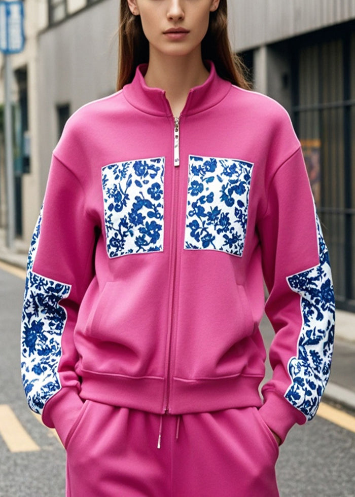 Manteau coton imprimé fleuri col montant Rose Hiver - EasyApparels