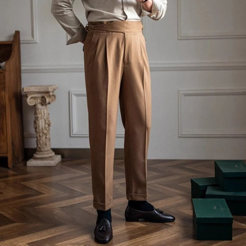 Pantalon Homme Taille Haute Plis Boucle Coupe Droite