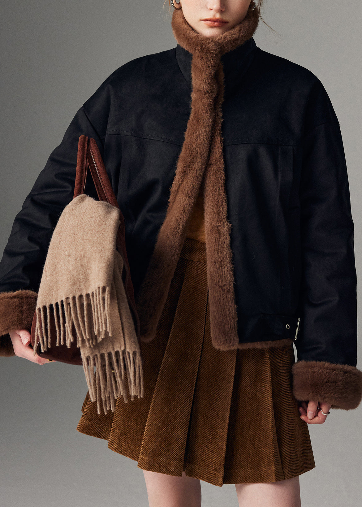 Brown Faux Leather Coat with Side Pockets - EasyApparels