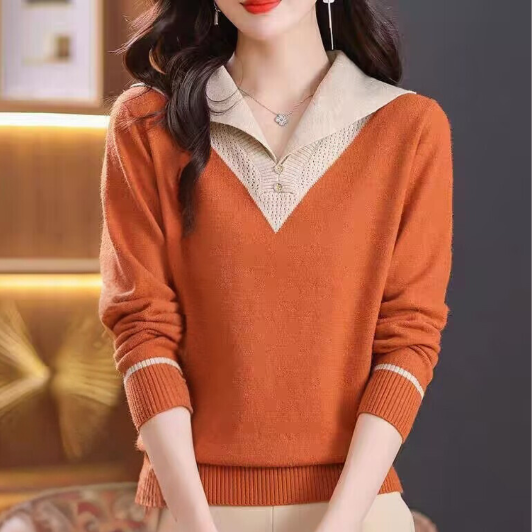 Ciri - Pull Femme Élégant avec Encolure en V et Détails Patchwork