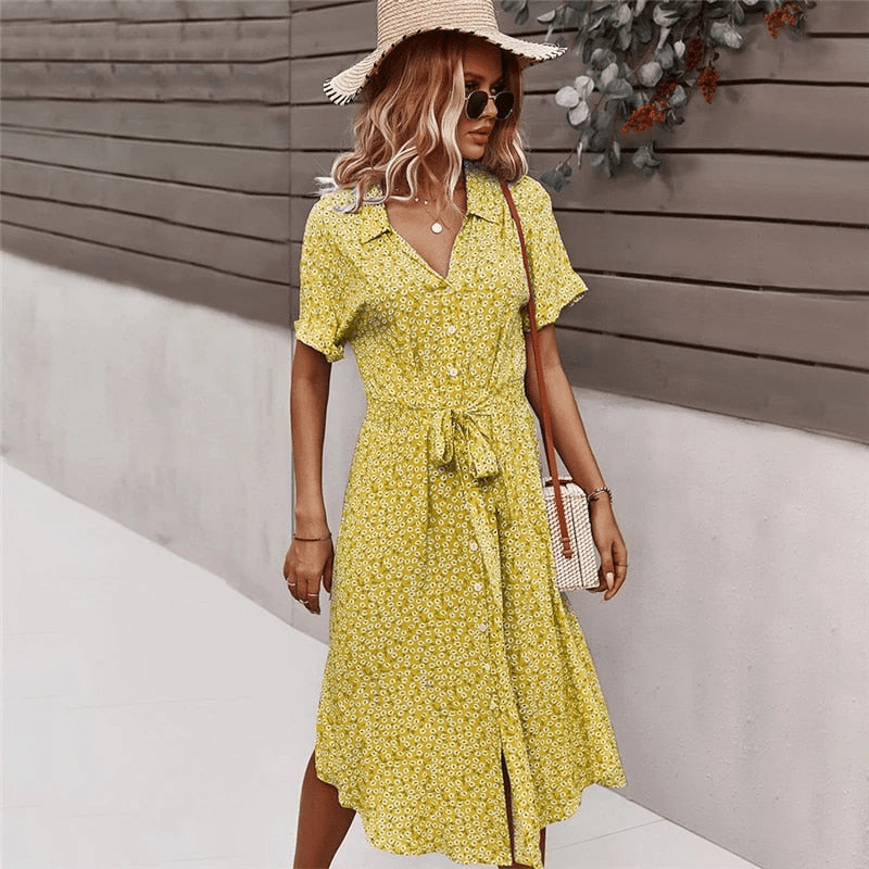 Robe Été Florale Mi-Longue avec Ceinture Élastique