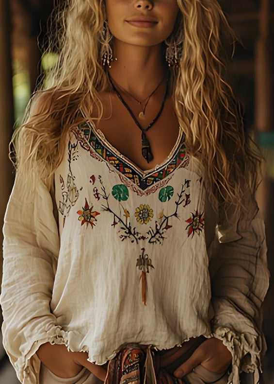 Détendu pull en coton beige à col V - EasyApparels