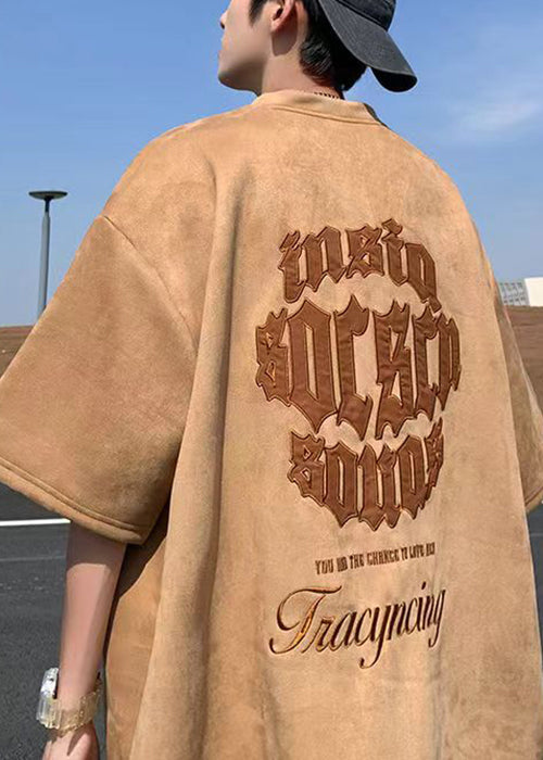 Casual Brown T-shirt with Round Neck and Faux Suede Letter Print for Men Summer → Relaxed Fit Brown Mens Tee with Soft Letter Graphic - EasyApparels