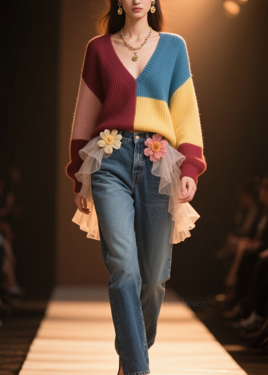 Casual V Neck Color Block Autumn Sweater - EasyApparels